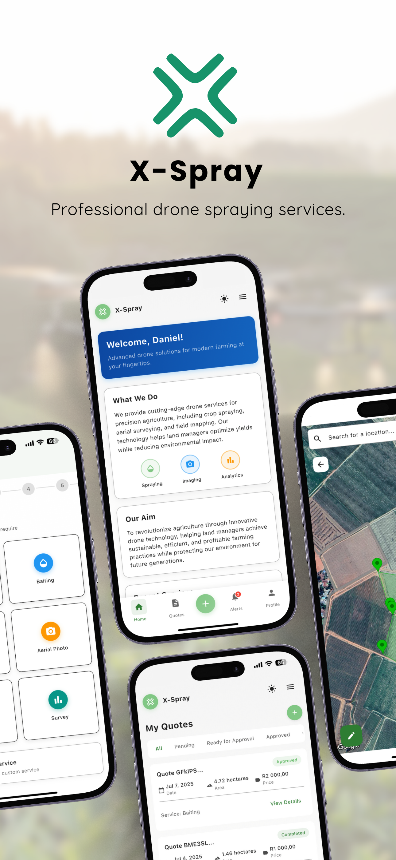 X-Spray Home Screen - Professional drone spraying services