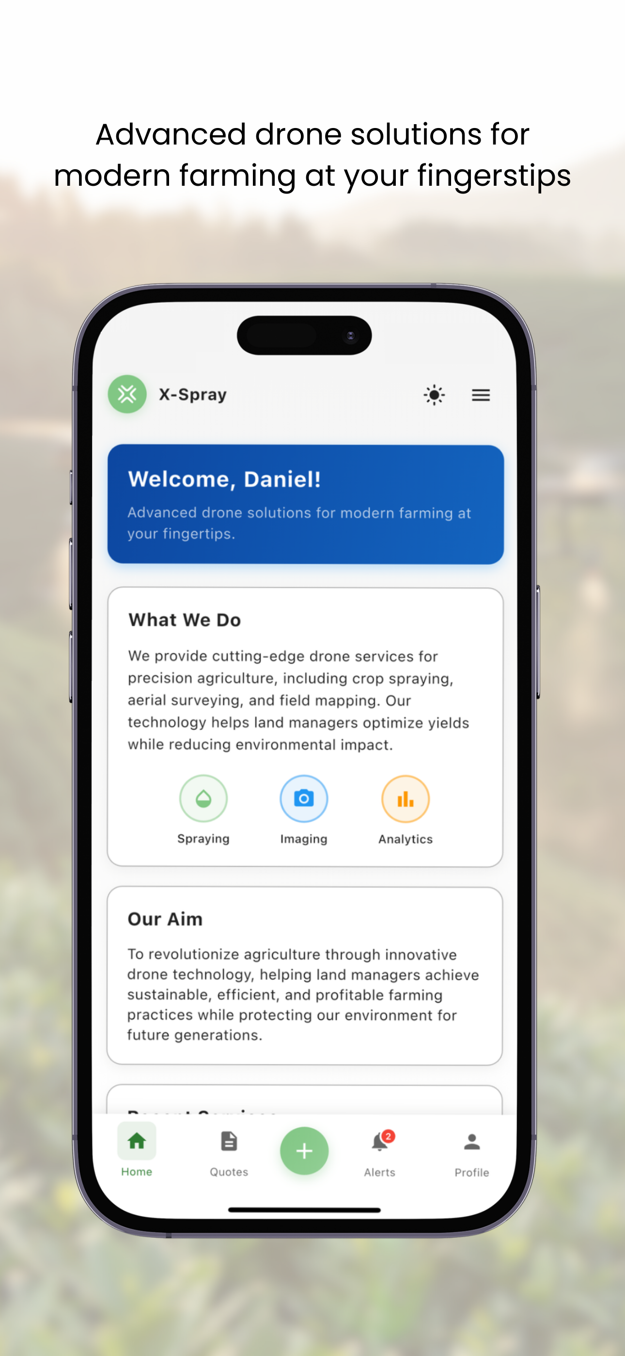 X-Spray Welcome Screen - Advanced drone solutions for modern farming