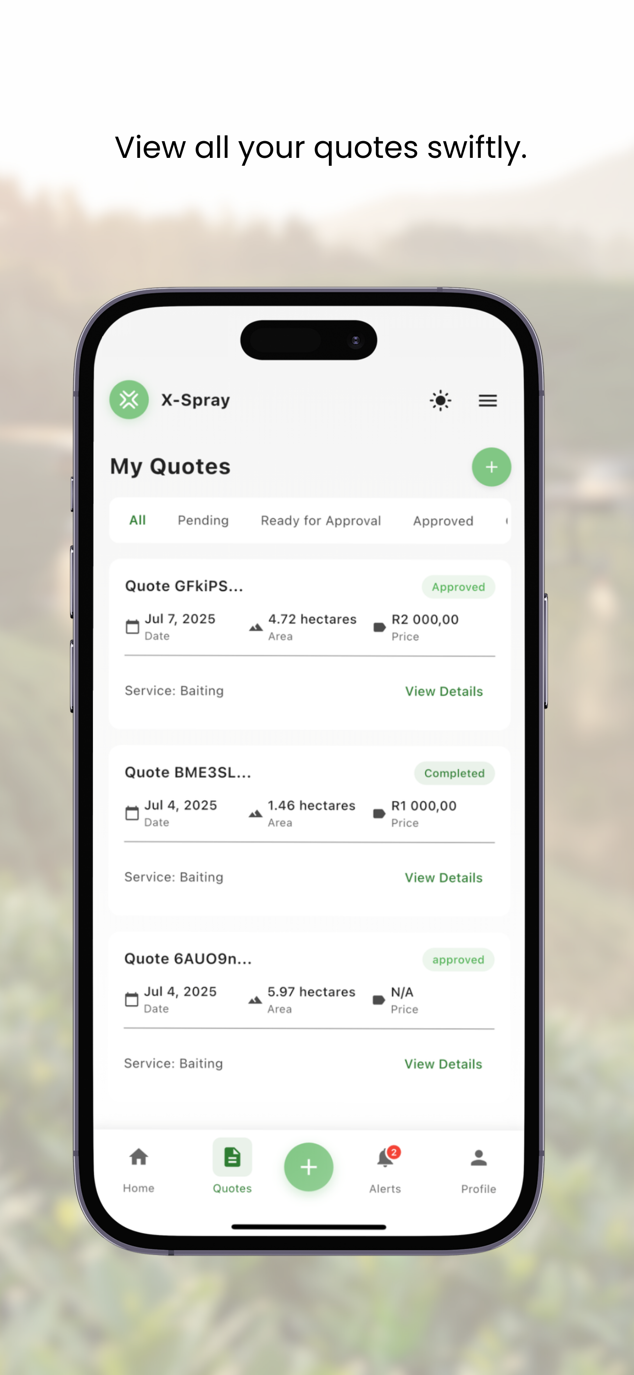 X-Spray Quotes Dashboard - View all your quotes swiftly